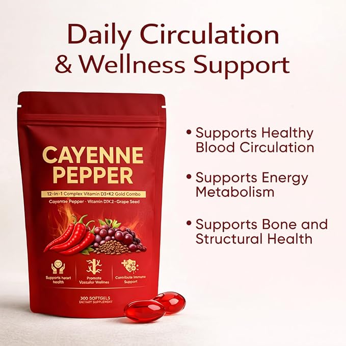 Cayenne Pepper Softgels Organic Cayenne Pepper Capsules with Vitamins D3 K2 Grape Seed Beet Root Capsaicin Supplements Supports Heart and Blood Vessel Health Non-GMO 300 Softgels