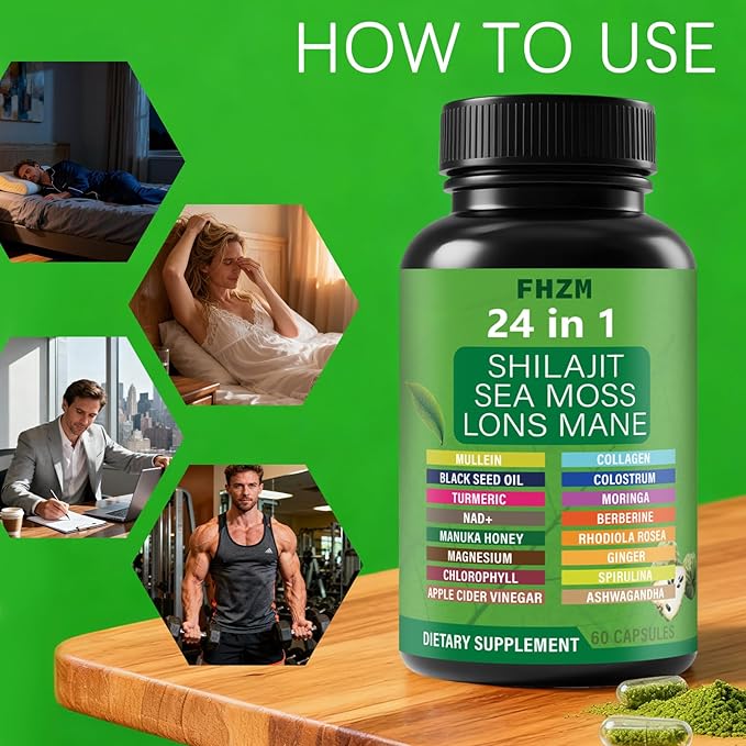 Soursop Capsules with 24-in-1 Herbal Blend - Includes Graviola Shilajit Sea Moss Lions Mane Turmeric Ashwagandha Ginger Manuka Honey - Vegan Non-GMO Dietary Supplement - 60 Capsules (01)
