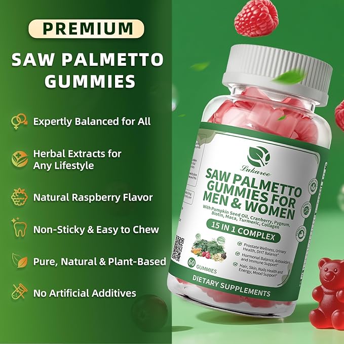 Lukaree Saw Palmetto for Men &amp Women 15 in 1 Saw Palmetto Extract Gummies with Pumpkin Seed Oil Prostate Health Supplements for Men Advanced DHT Blocker Hair &amp Urinary Health Support 60 C