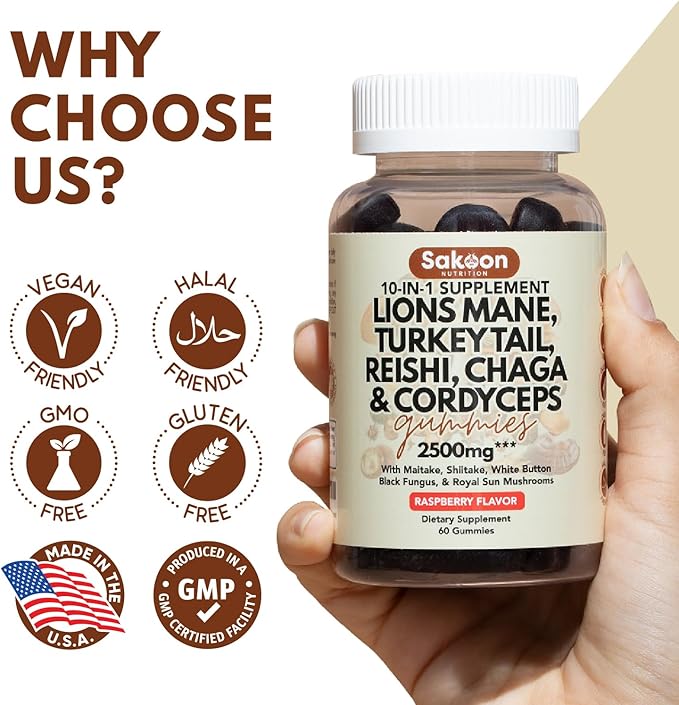 Sakoon nutrition Lions Mane Mushroom Gummies 2500mg | 10-in-1 Dietary Supplement with Turkey Tail Reishi &amp More | Lions Mane Gummies Raspberry Flavored | 60 Count