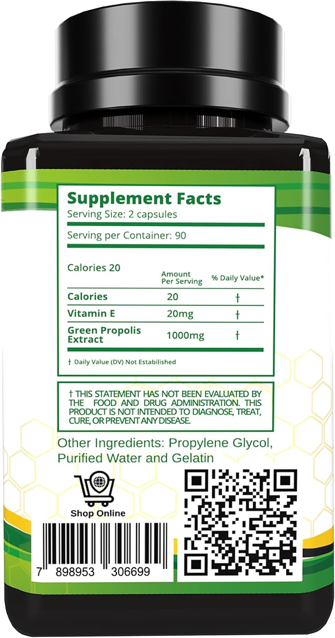 Propolis Health Propolis Capsules 1000mg-Daily with Vitamin E Per dose - Brazilian Green Propolis Extract - Immune Booster 50 Days Supply Propolis (180 Capsules)