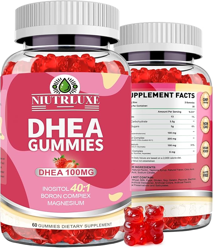 DHEA Gummies DHEA Supplements for Women DHEA 100mg 50mg Chewable with Boron Inositol and Magnesium Pro-Aging Ovarian Support Sleep Support Vegan 60 Counts