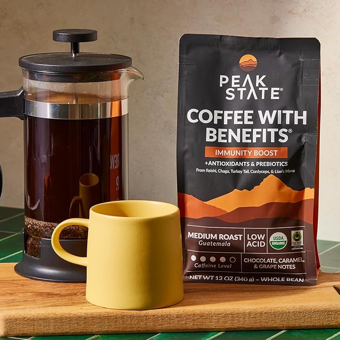 Peak State Coffee with Benefits 3 Bag Variety Pack – Mushroom Coffee Low Acid &amp Smooth Immunity Boost Brain Sustain &amp Stress Less Organic Whole Bean Gluten Free 12 oz. Each
