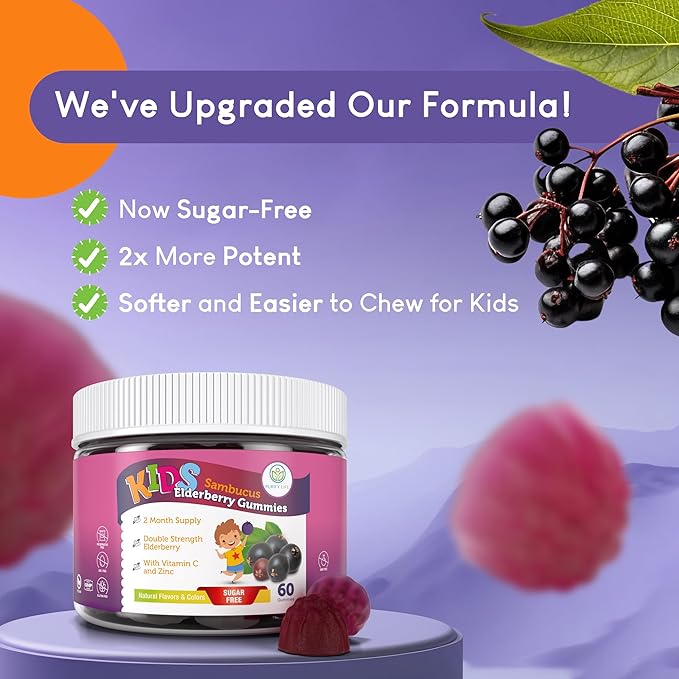 Sugar-Free Kids Elderberry Gummies with Vitamin C &amp Zinc – Daily Immune Support Supplement for Children Sambucus Antioxidant Vegan 60 Ct