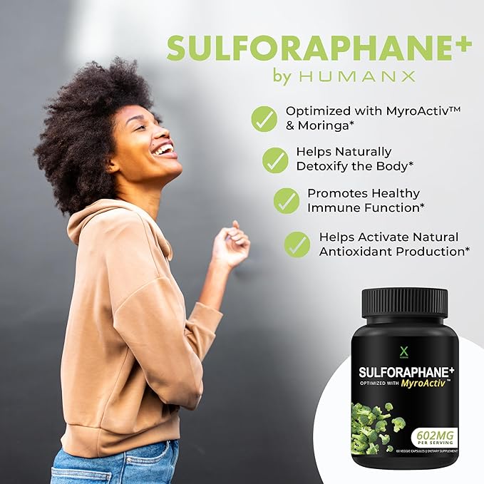 HUMANX Sulforaphane+ 602mg - USA Third Party Tested - Sulforaphane with Broccoli Seed Extract &amp Moringa - Supports Antioxidant Production Detoxification &amp Cellular Health - Broccoli Suppleme