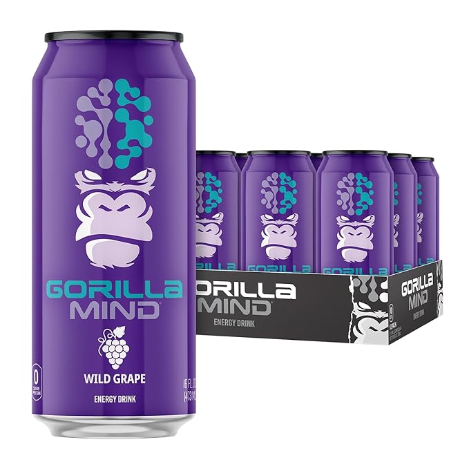 Gorilla Mind Energy Drink | Unmatched Energy · Amplified Focus | N-Acetyl-L-Tyrosine Alpha-GPC 200mg Caffeine Uridine Saffron | 0 Sugar Or Artificial Colors | 16oz 12-Pack (Wild Grape)