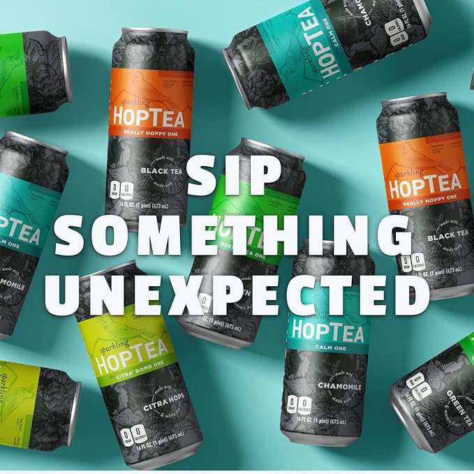 HOPLARK Sparkling HopTea – CORE MIXED PACK – Tall 16fl oz Cans (Pack of 12) - Sparkling Tea Sampler Featuring Green Tea White Tea Black Tea and Chamomile – Zero Calorie – Unsweetened – Caffeinated
