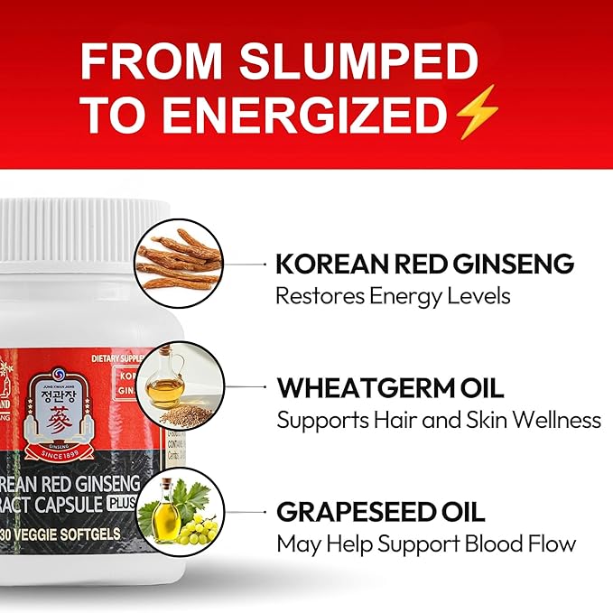 JUNG KWAN JANG Korean Red Ginseng Extract Capsules Plus | All-in-1 Focus Pills for Men &amp Women | Natural Energy Supplements Circulation Immune Support | 30 Capsules