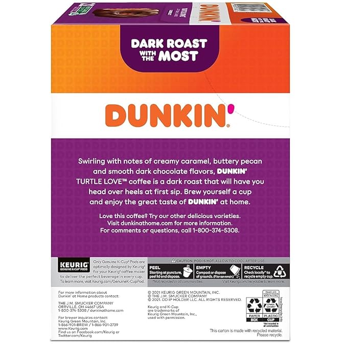 Dunkin' Turtle Love Dark Roast K-Cup Pods 22 Count Caramel Pecan Chocolate Flavor Caffeinated Kosher