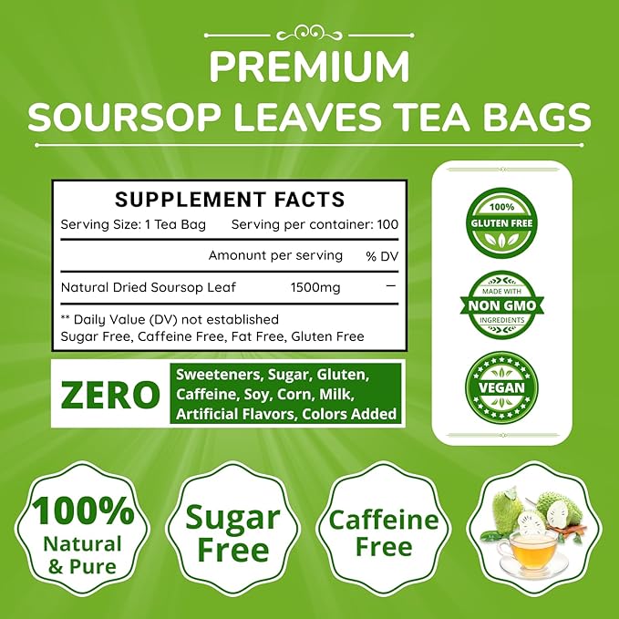 VIDA FARM 100 Soursop Tea Bags 100% Natural Pure Soursop Graviola Leaves Tea Bags Pleasant Taste Natural Flavor Caffeine Free Guanabana Leaves Guyabano Tea