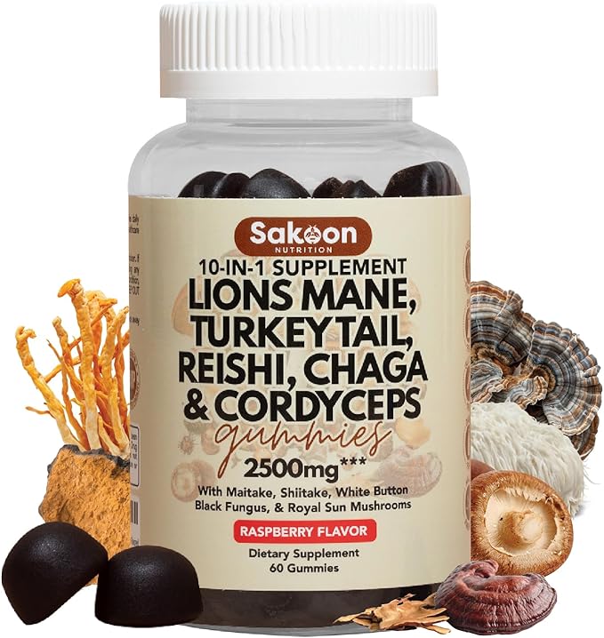Sakoon nutrition Lions Mane Mushroom Gummies 2500mg | 10-in-1 Dietary Supplement with Turkey Tail Reishi &amp More | Lions Mane Gummies Raspberry Flavored | 60 Count