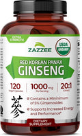 Zazzee USDA Organic Red Korean Panax Ginseng 20:1 Extract 1000 mg 5% Ginsenosides 120 Vegan Capsules Standardized and Concentrated 20X Root Extract 100% Vegetarian All-Natural Made in the USA