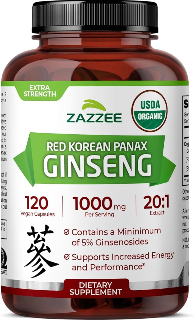 Zazzee USDA Organic Red Korean Panax Ginseng 20:1 Extract 1000 mg 5% Ginsenosides 120 Vegan Capsules Standardized and Concentrated 20X Root Extract 100% Vegetarian All-Natural Made in the USA