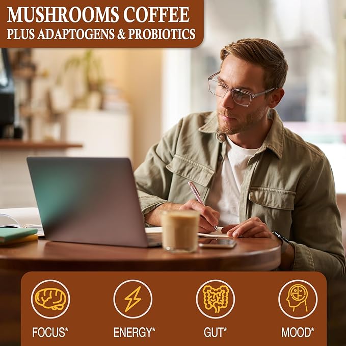 Mushroom Coffee 11 Organic Mushrooms Plus Adaptogens &amp Probiotics with Lion's Mane Chaga Reishi Cordyceps Complex Instant Coffee for Focus Energy Gut Digestion Immunity - 5.3oz