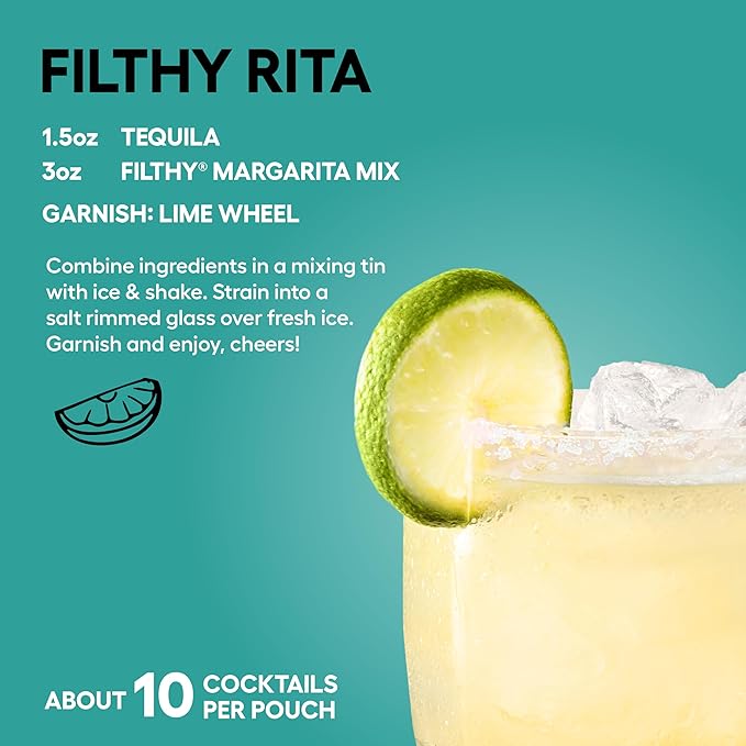 Filthy Margarita Mix Premium Cocktail Mixer All-Natural Non-GMO Vegan &amp Gluten-Free Made with 100% Fresh Florida Lime Juice and Organic Agave Nectar from Jalisco Mexico 32 Oz Pouch 2 Pack