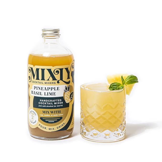 Mixly Pineapple Basil Lime Mixer Made with Fresh Squeezed Juice Ready to Drink Use with Vodka Rum Soda Water 16 oz.