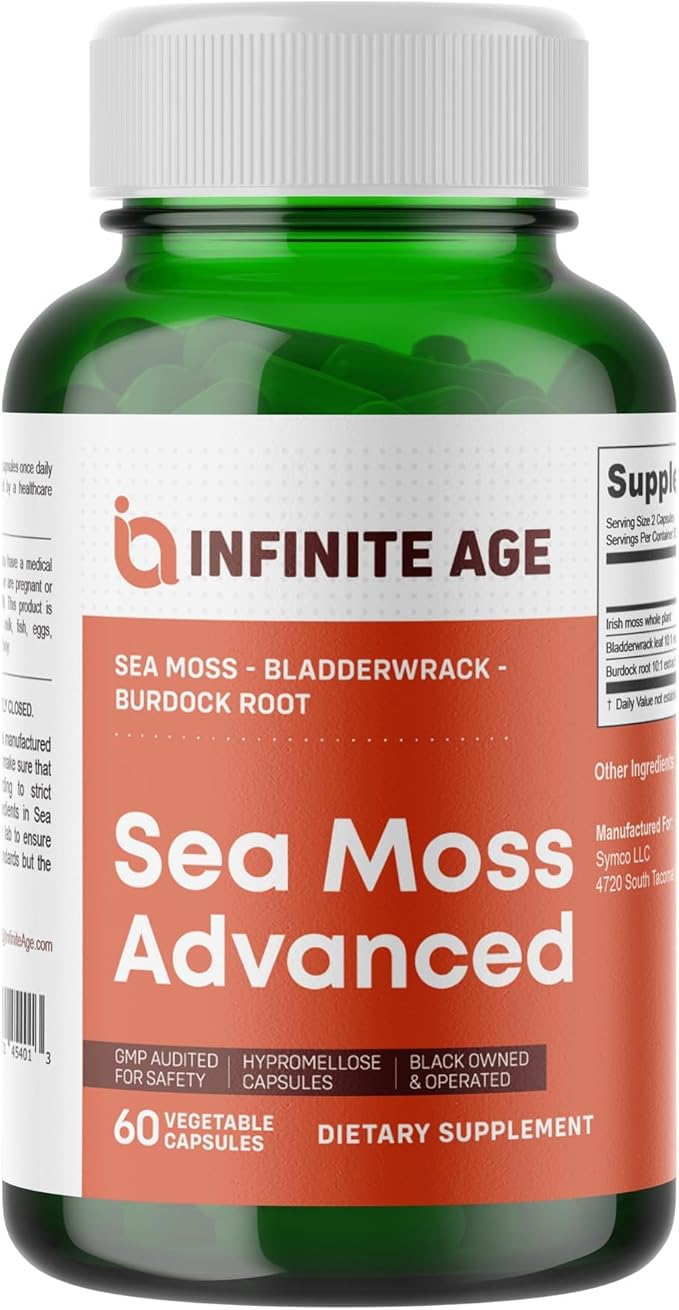 INFINITE AGE 1250mg Sea Moss Advanced Superfood Capsules 60 Count - High-Potency Vegan Made in The USA - Irish Seamoss Bladderwrack Burdock Root - Overall Health Immunity Support