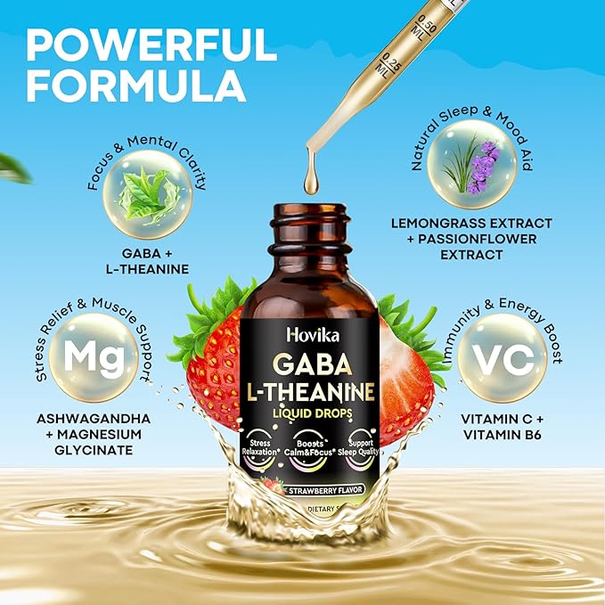 GABA L-Theanine Drops - Liquid GABA L-Theanine Supplement with L-Theanine Ashwagandha Magnesium Glycinate Vitamin C B6 - Support Sleep Relaxation Calm Mood &amp Focus - Strawberry Flavor 2 Fl