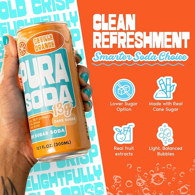 PuraSoda® Seville Orange | 65 Calories &amp 13g Pure Cane Sugar per Can | Non-GMO Vegan | Made with Pure Cane Sugar Clean &amp Refreshing | 10 fl oz (300ml) Cans Pack of 24