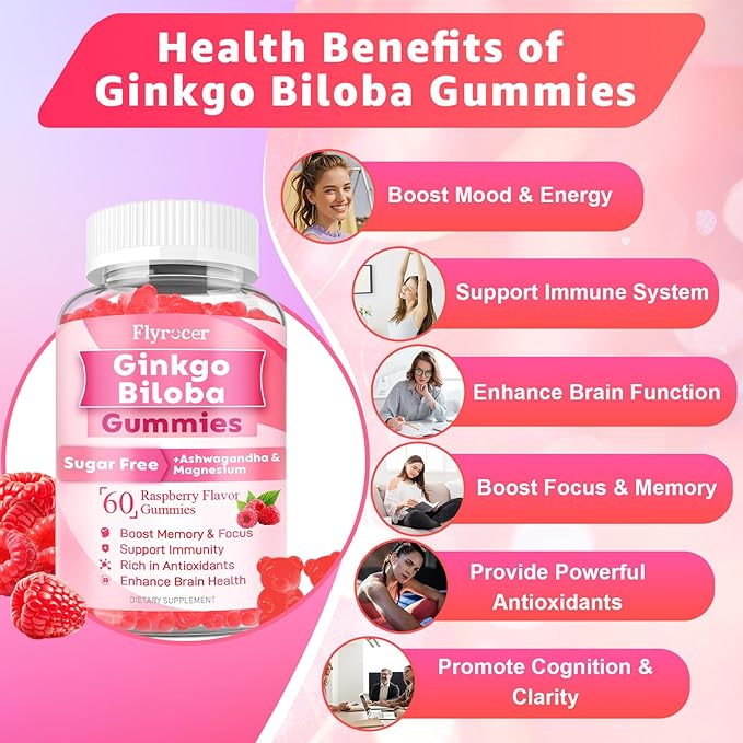 2 Pack Ginkgo Biloba 300mg Gummies for Adults &amp Kids Ginkgo Biloba Supplements for Focus Memory and Brain Health Vegan Sugar-Free Raspberry Flavor 120 Count