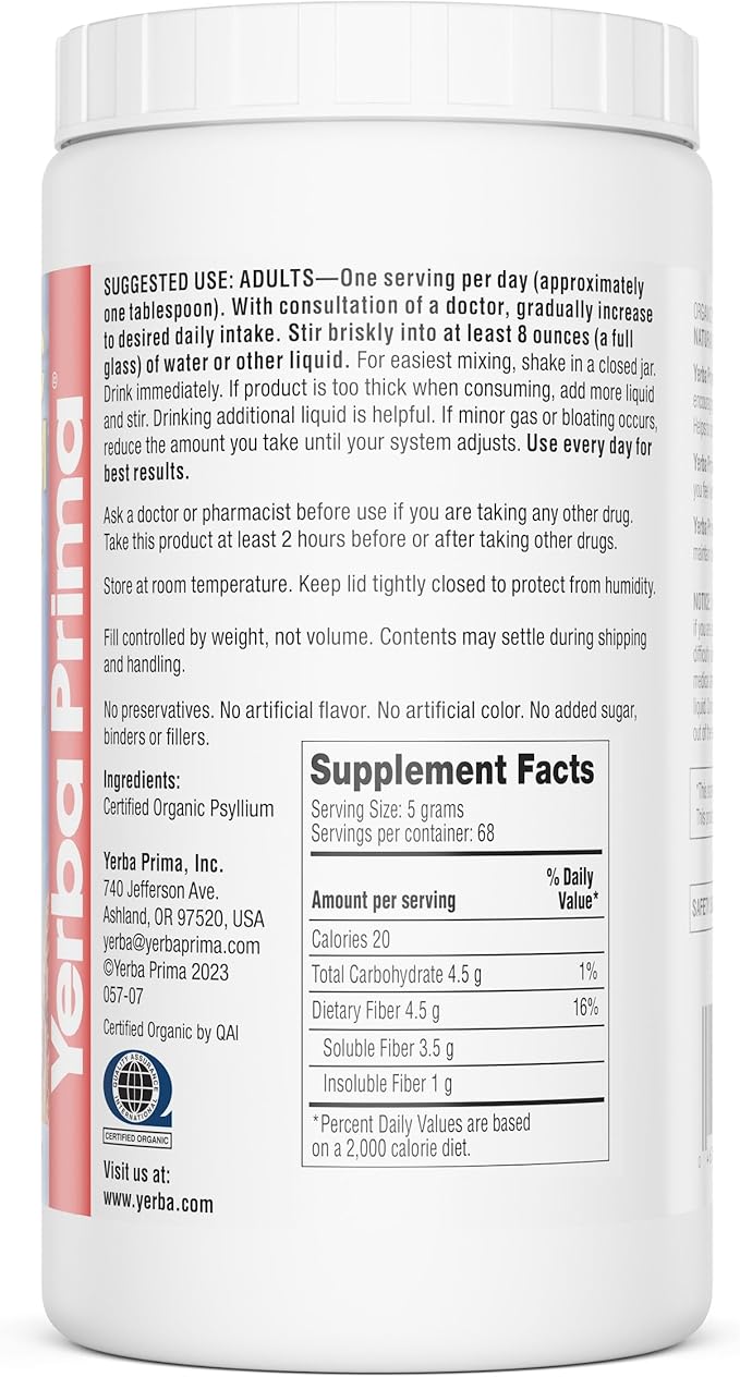 Yerba Prima Organic Psyllium Whole Husks 12 oz - Natural Dietary Fiber Supplement Non GMO Gluten Free Keto and Vegan Friendly for Regularity Support Unflavored