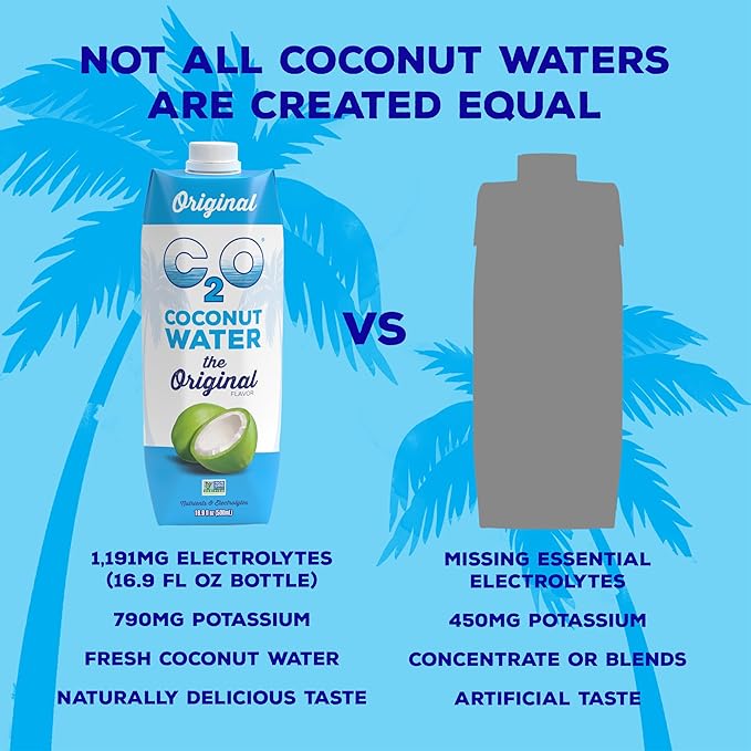 C2O - Coconut Water The Original Flavor (12 Pack) - Made with Fresh Coconut Water - Plant Based Non GMO Water - Natural Hydration Essential Electrolytes &amp Potassium - 12 Tetra Packs 16.9 FL O