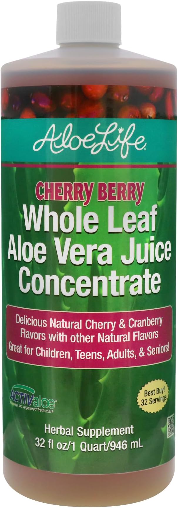 Aloe Life - Whole Leaf Aloe Vera Juice Certified Organic Gluten-Free (Cherry Berry 32 oz)