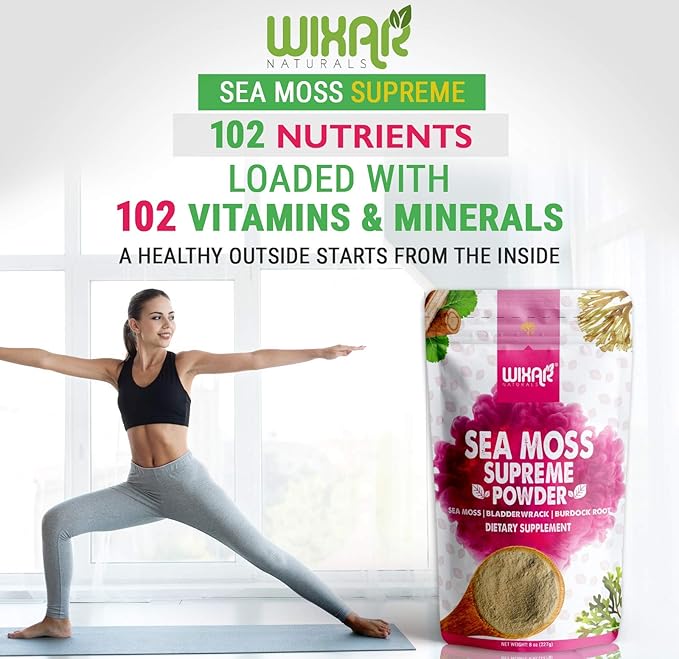 Wixar Wildcrafted Sea Moss Powder – (8 Ounces) – Natural Irish Sea Moss and Bladderwrack with Burdock Powder - Thyroid Support Healthy Skin Keto Detox Joint Support Alkaline Supplements