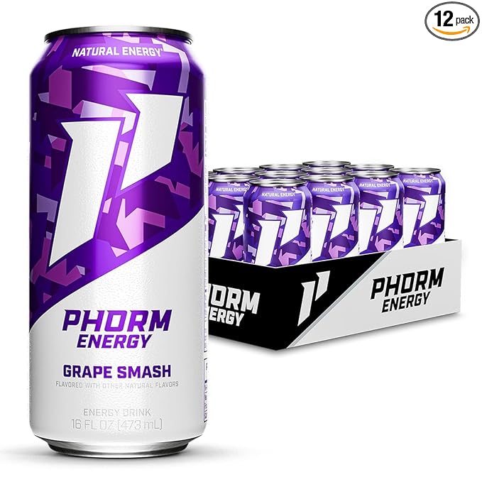 Phorm Energy Drink Grape Smash Flavor 200 MG Natural Caffeine From Green Tea Sugar Free Carbonated Drink With Electrolytes &amp Vitamin B12 Dairy &amp Gluten Free Vegan 16 FL Oz Cans 12 Pack