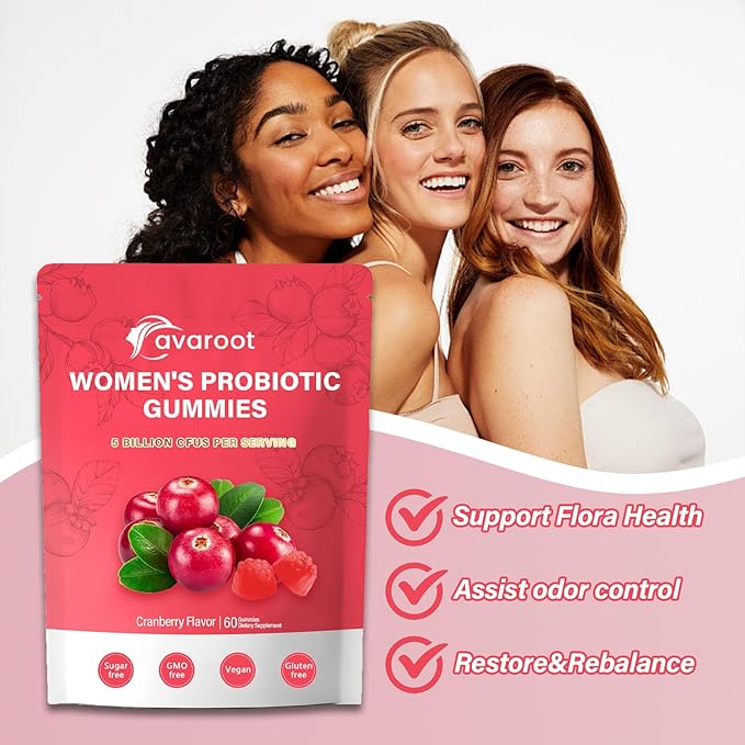 avaroot Women's Vaginal Probiotics Women's Balanced pH Gummies Healthy Smell Yeast Balance and Flora + Vitamin C Immune Support - Cranberry Flavor (1pc)