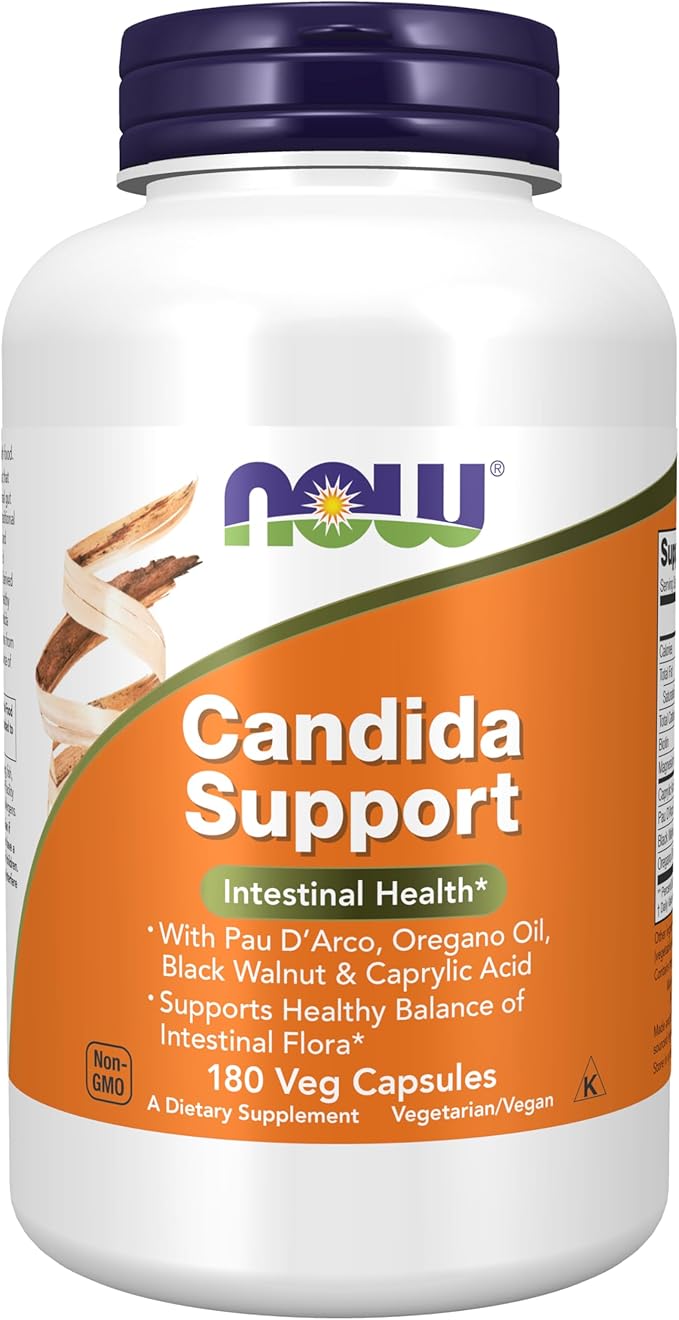NOW Supplements Candida Support with Pau D'Arco Oregano Oil Black Walnut &amp Caprylic Acid 180 Veg Capsules