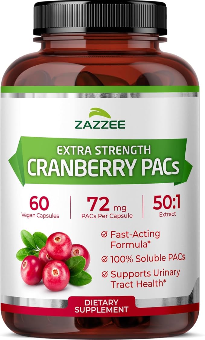 Zazzee Cranberry PACs 72 mg per Capsule 50:1 Extract 60 Vegan Capsules 2X Strength 2 Month Supply Fast-Acting Effective Urinary Tract &amp Bladder Support 100% Soluble PACs Made in the USA