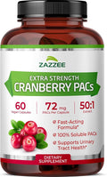 Zazzee Cranberry PACs 72 mg per Capsule 50:1 Extract 60 Vegan Capsules 2X Strength 2 Month Supply Fast-Acting Effective Urinary Tract &amp Bladder Support 100% Soluble PACs Made in the USA