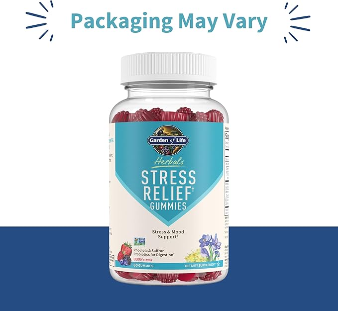 Garden of Life Herbals Stress Relief Gummy with Rhodiola &amp Saffron for Positive Mood &amp Stress Response Plus Prebiotics &amp Probiotics for Digestive Support Gluten-Free Berry Flavor 30 Ser