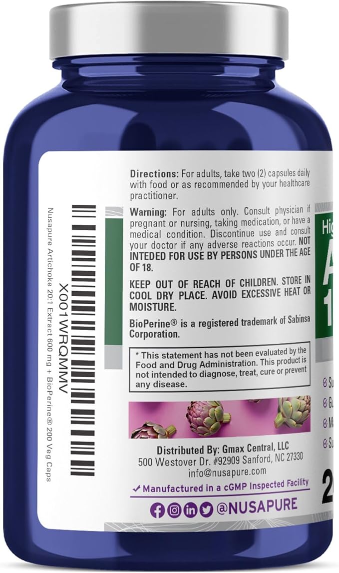NusaPure Artichoke 20:1 Extract 600 mg Equivalent to 12000mg 200 Veggie caps (Non-GMO Gluten Free)