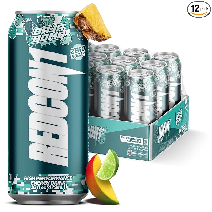 REDCON1 Energy High Performance Drink Baja Bomb - Zero Sugar Energy Drink with Alpha GPC Nootropic - 200mg of Natural Caffeine from Green Coffee Beans - Vitamin B6 B12 &amp B5 to Boost Mood (12 ct)