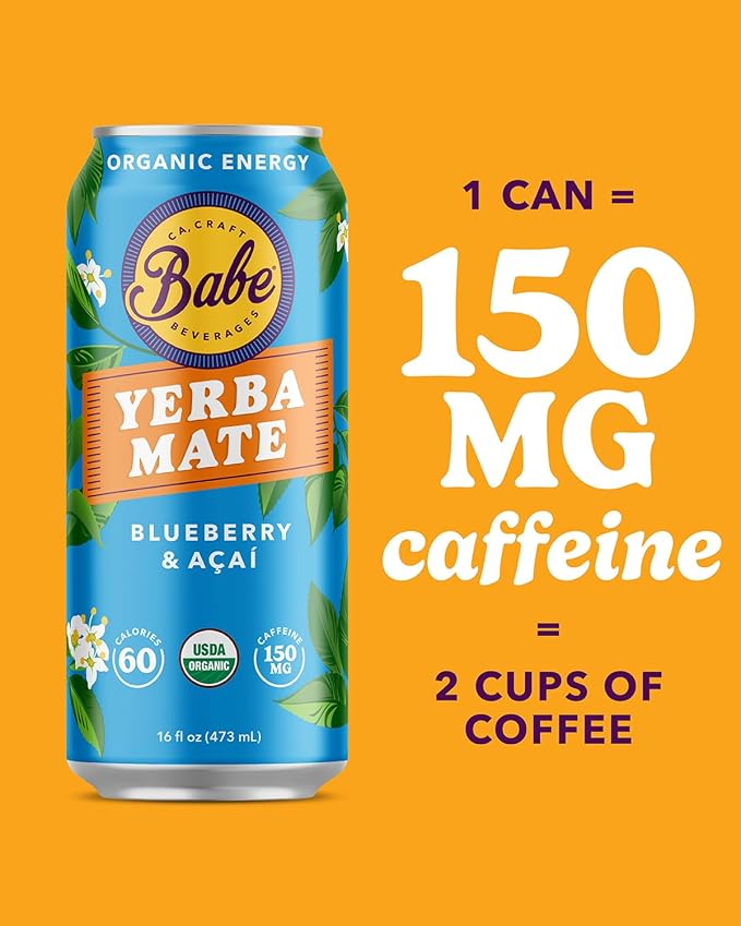 Babe Organic Yerba Mate Energy Drinks | 150mg Plant-Based Caffeine | Natural Yerba Mate Tea with No Crash No Jitters - Blueberry Açaí (12 x 16oz Cans)