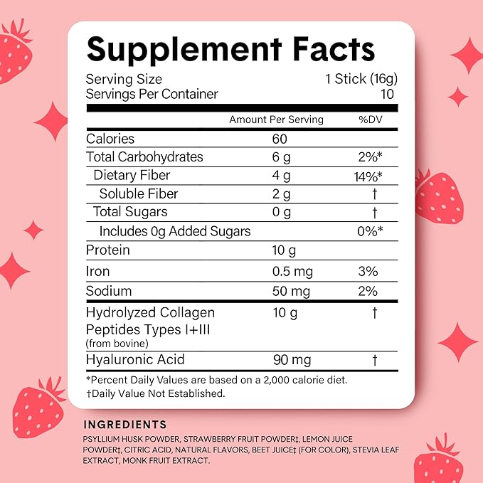 Bellway Super Fiber Packets + Collagen Sugar-Free Psyllium Husk Powder with Collagen Peptides &amp Hyaluronic Acid for Gut Health Healthy Skin Nails Bones &amp Joints Strawberry Lemonade (10 Pa