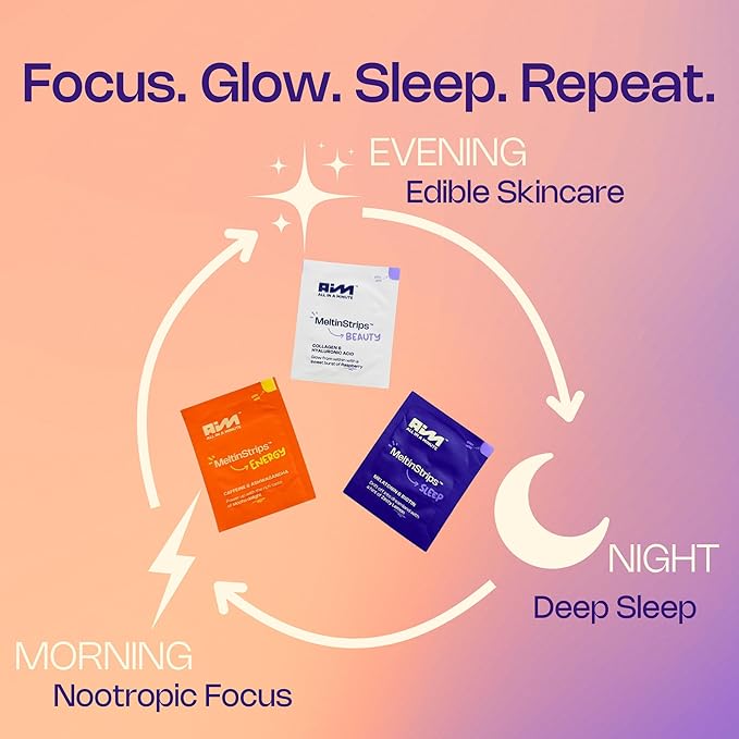 MeltinStrips® Daily Wellness Essentials | Nootropic Energy for Focus Drug-Free Sleep Aid &amp Skin Glow | Vegan Sugar-Free 24-Hour Wellness Kit | 90 Fast Dissolving Oral Strips