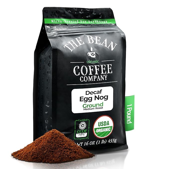 The Bean Organic Coffee Company Water Processed DECAF Egg Nog Medium Roast Ground Coffee 16-Ounce Bag Café Molido Tostado Orgánico descafeinado