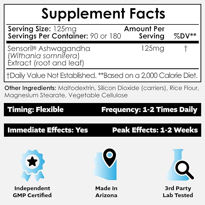 Nootropics Depot Sensoril Ashwagandha Capsules | 125mg | 180 Ct. | Ayurveda Supplement | Standardized Withania somnifera Extract | to Support Healthy Energy Mental Cognition + Cardiovascular Health