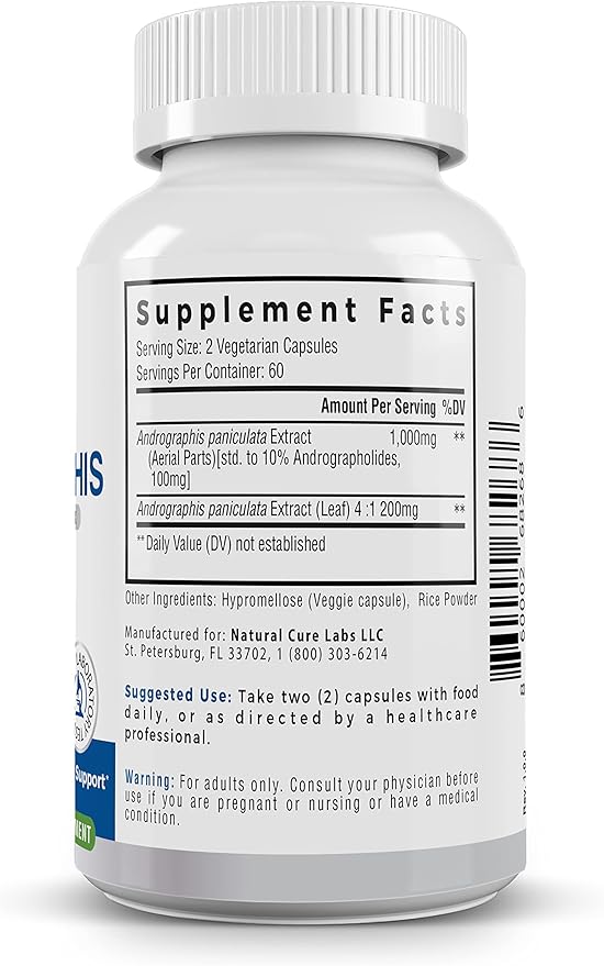 Natural Cure Labs Premium Andrographis Paniculata Extract 1200mg with 100mg Andrographolides Vegan Capsules for Immune &amp Digestive Support Non-GMO Gluten Free Herbal Dietary Supplement