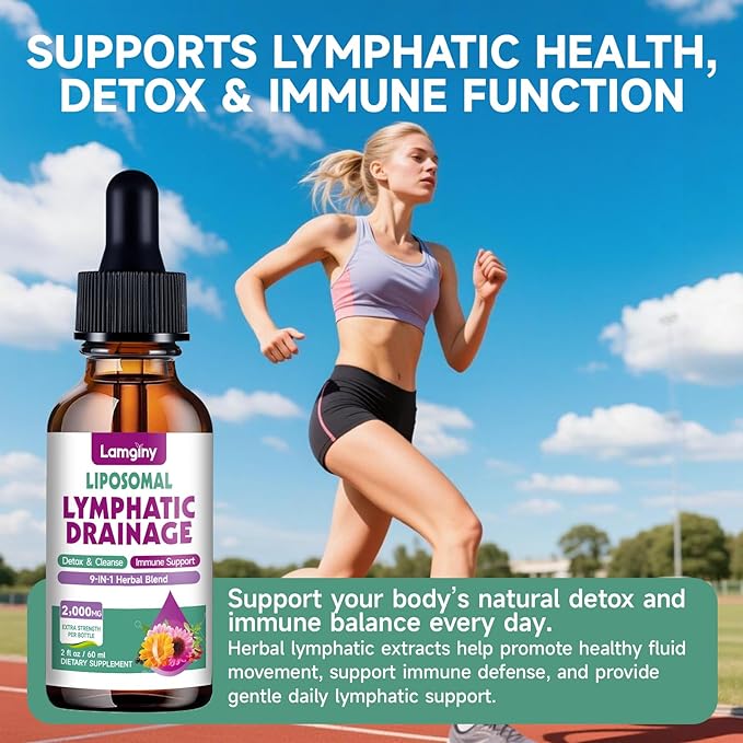 Liposomal Lymphatic Drainage Drops 9-In-1 Lymphatic Drainage Supplements for Detox &amp Cleanse with Echinacea Dandelion Elderberry Burdock Root &amp Cleavers Immune &amp Lymph System Support
