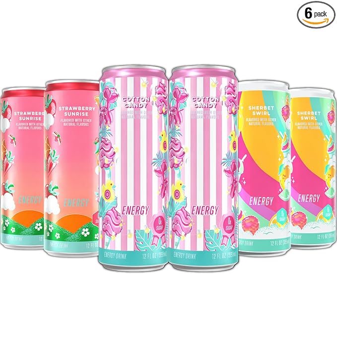 New Alanni Energy Drink Assorted 6 Pack – Cotton Candy Strawberry Sunrise Sherbet Swirl Flavors – Sweet Refreshing Powerful Energy Boost Drinks Zero Sugar Low-Calorie 12 fl oz Cans