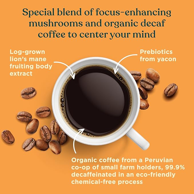 Four Sigmatic Decaf Mushroom Coffee K-Cups | Organic Dark Roast Coffee with Lion’s Mane &amp Yacon | Focus &amp Immune Support | Vegan &amp Keto | Sustainable Pods | 24 Count