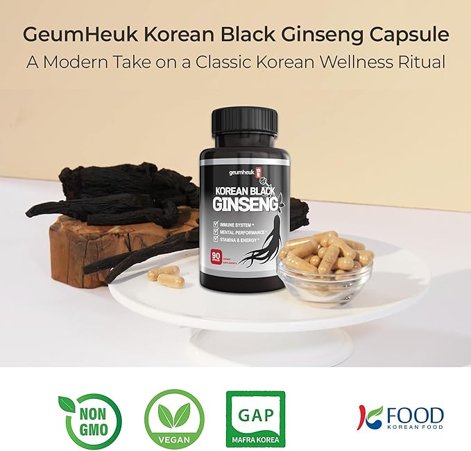 GeumHeuk Korean Black Ginseng Capsule 1000mg Supplement - Non GMO High Ginsenosides High Absorption Rate Enhance Immunity Metal Performance Stamina &amp Energy Men &amp Women - 90 Vegan Capsul