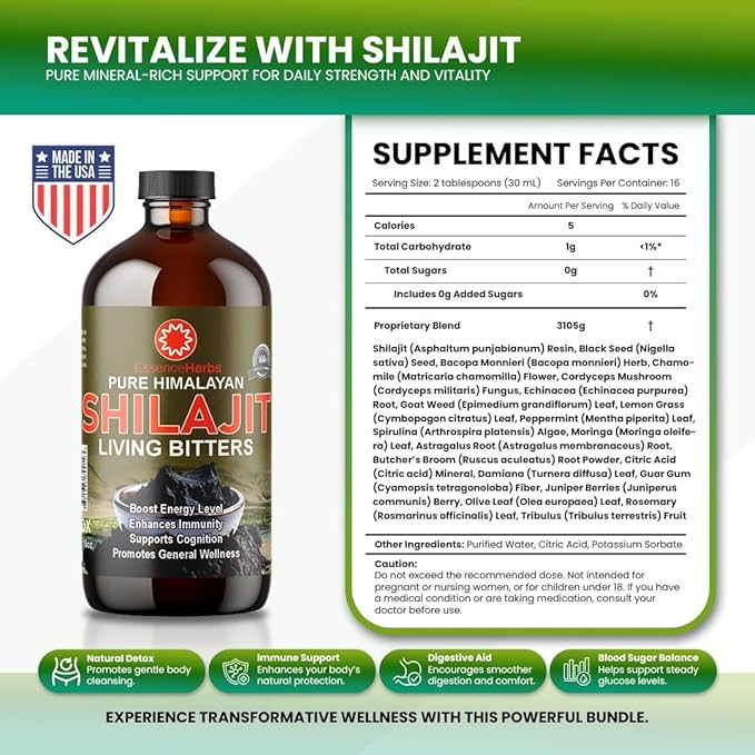 Essence Herbs Shilajit Bitters Liquids Made with Shilajit Moringa Black Seed &amp More (Pack of 1)