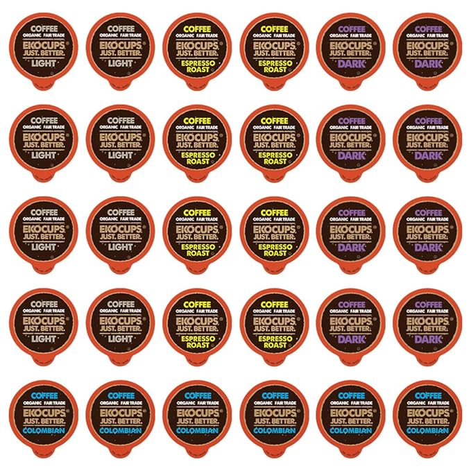 EKOCUPS Organic &amp Fair Trade Gourmet Hot or Iced Coffee Single Serve Cups for Keurig K Cup Brewer Variety Pack Sampler 30 Count