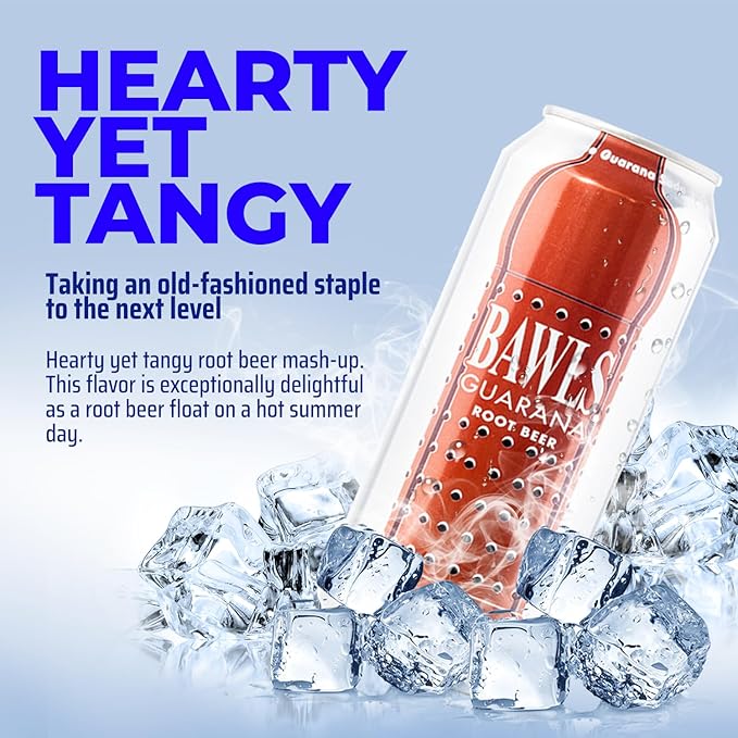 BAWLS Guarana Root Beer - Guarana Fueled Soda for Energy High Caffeinated Drink 12 Pack 16oz Cans