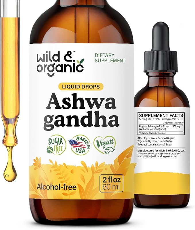 Wild &amp Organic Ashwagandha Liquid Drops - Calming Ashwagandha Root Extract for Relaxation - 1-Month Supply - Herbal Supplements for Women and Men - Vegan Sugar &amp Alcohol-Free Tincture - 2 fl